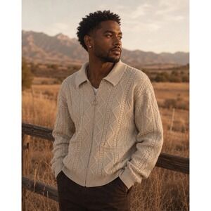 Vintage Arnold Palmer Coogi Style Cardigan Sweater Full Zip Beige Men's Large‎